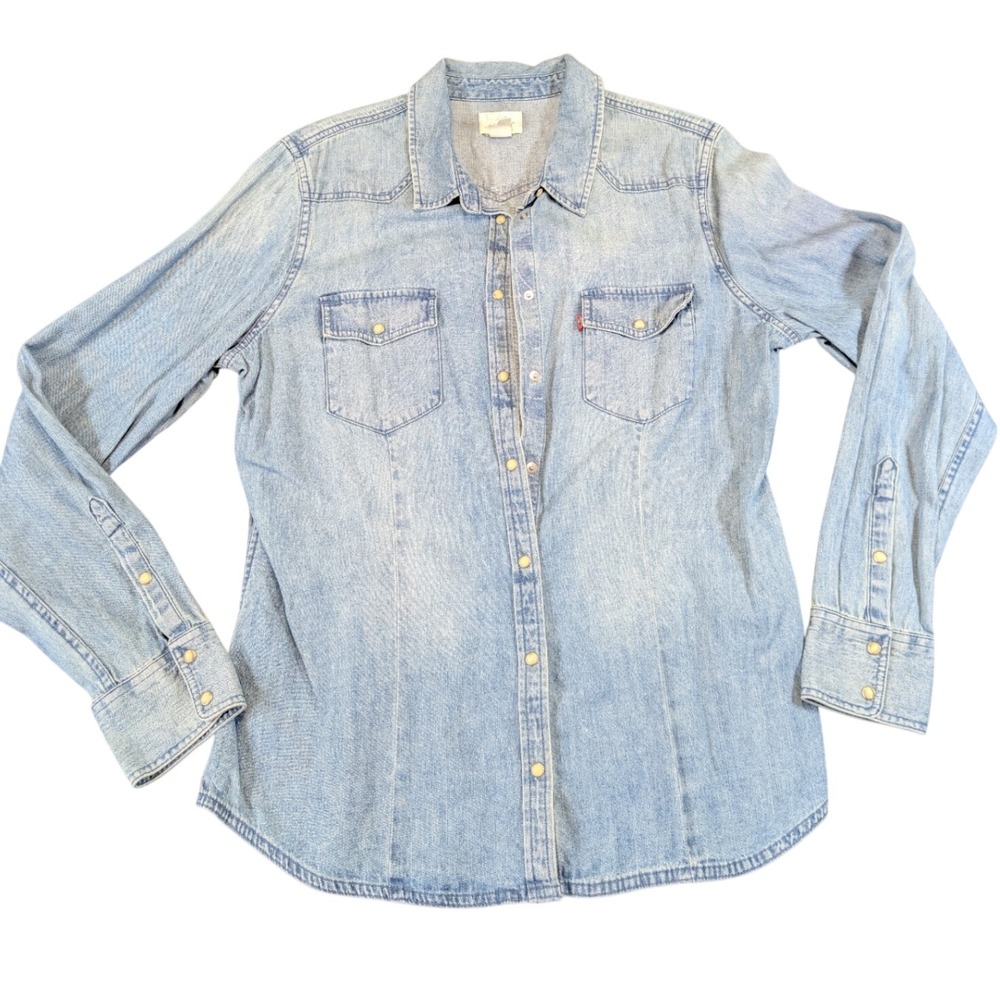 Levi's Womens Western Pearl Snap Light Wash Denim Button Down Shirt Size XL